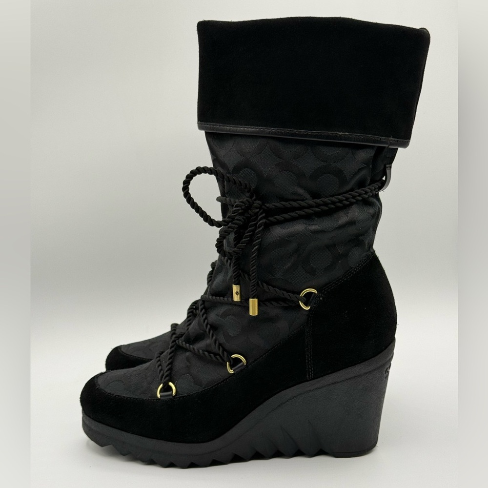 COACH Black Maisy Signature C Logo Monogram Wedge Boots Size 9.5 B - Picture 4 of 17